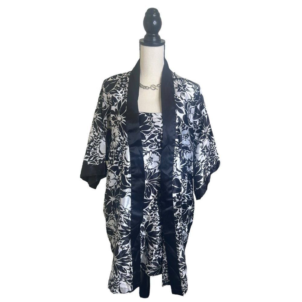 Vintage Sante Satin Chemise Nightie Kimono Robe Set Size M Black White Floral
